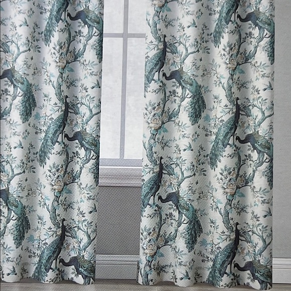 Laura Ashley Peacock Curtains 2 Panels Pole Top Floral Teal Cream 38 x 96 NEW - Picture 6 of 11